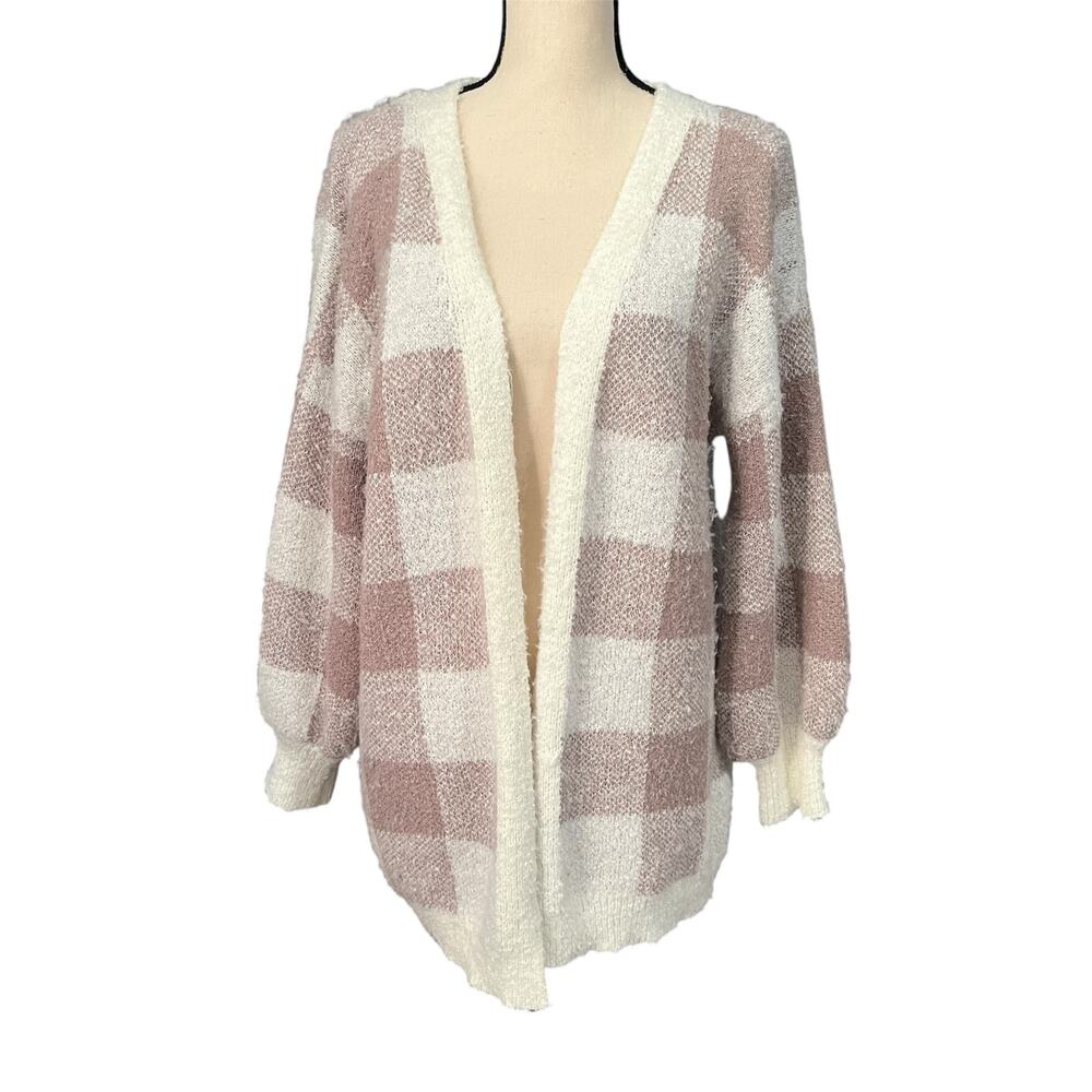 Altar'd State Women's Beige Cream Plaid Open Cardigan Sz M Soft Cozy Casual